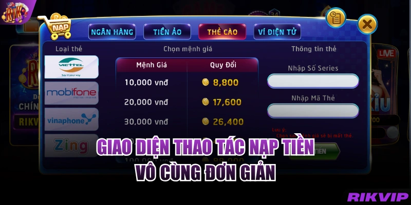 Giao diện thao tác nạp tiền vô cùng đơn giản